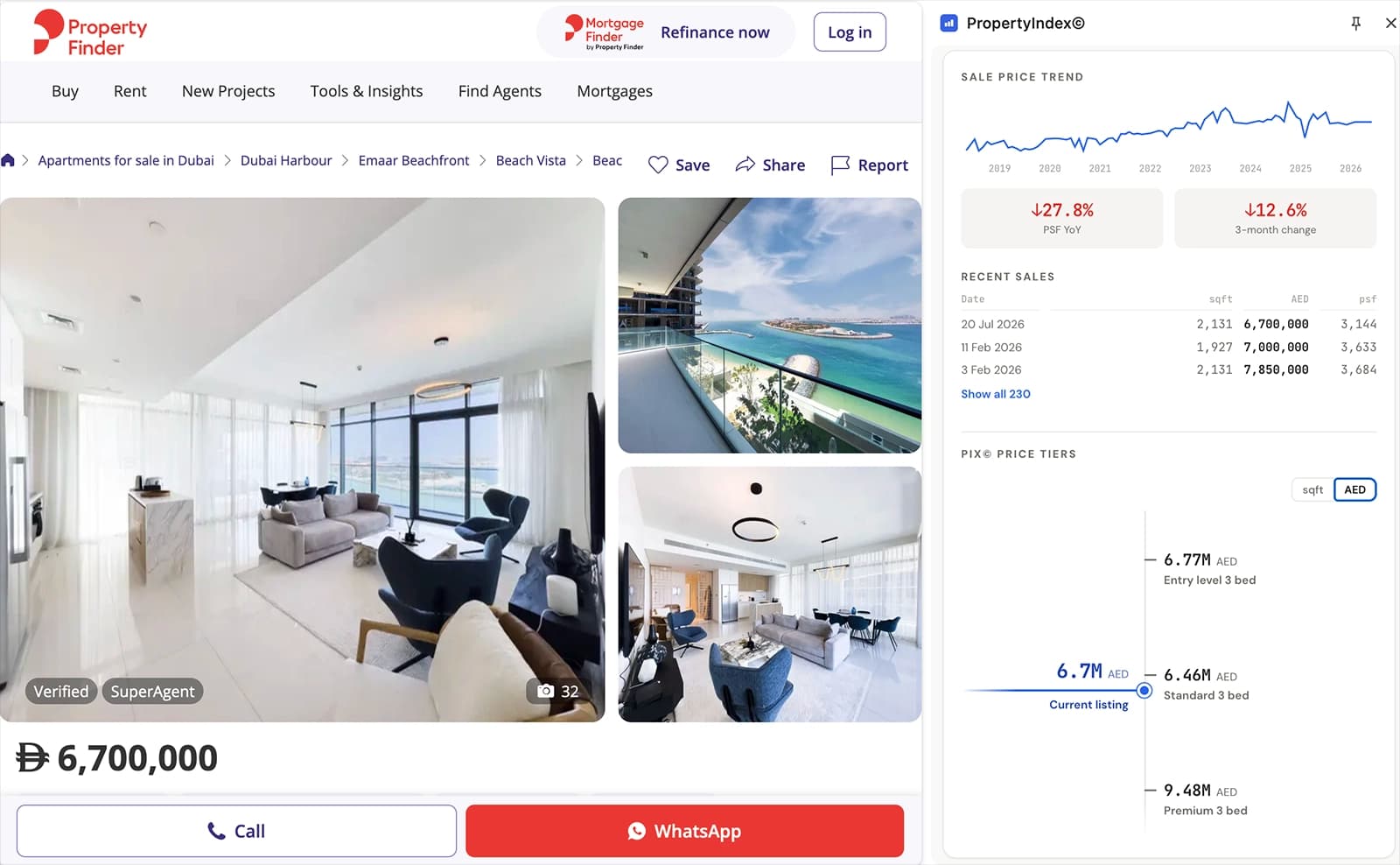 PIX© Panel beside a Property Finder listing, showing the sale price trend, recent DLD-registered sales and PIX© price tiers against the asking price